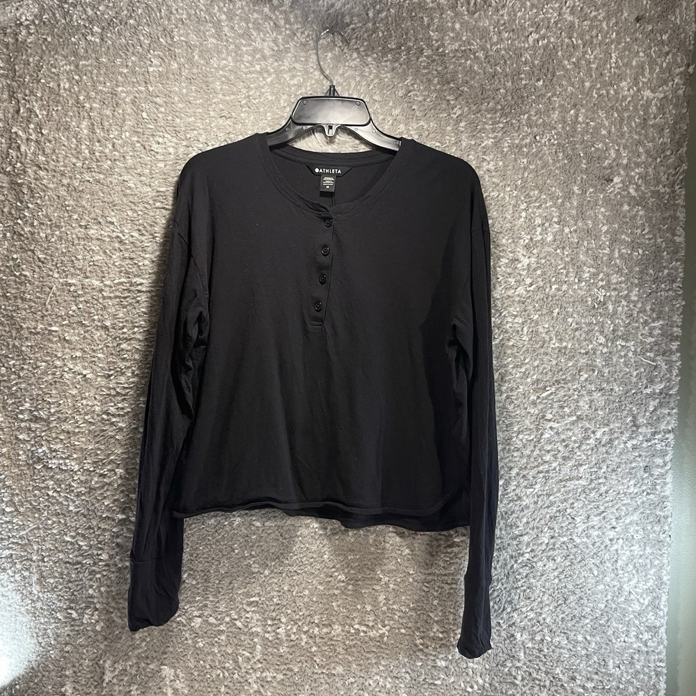 Athleta Canyon Henley Top‎ Black Crop Long Sleeve Yoga Tencel Wool M Boxy